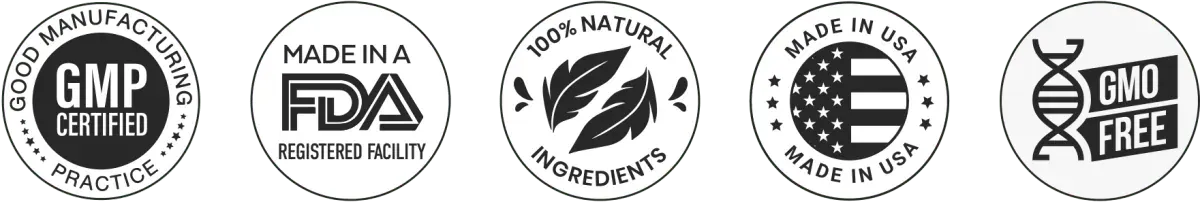 MemoHoney GMP, FDA, natural, USA and GMO-free certification badges